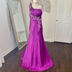 Kiss Kiss Y2K Purple Satin Feather Rhinestone One Shoulder Maxi Prom Dress 4 / S